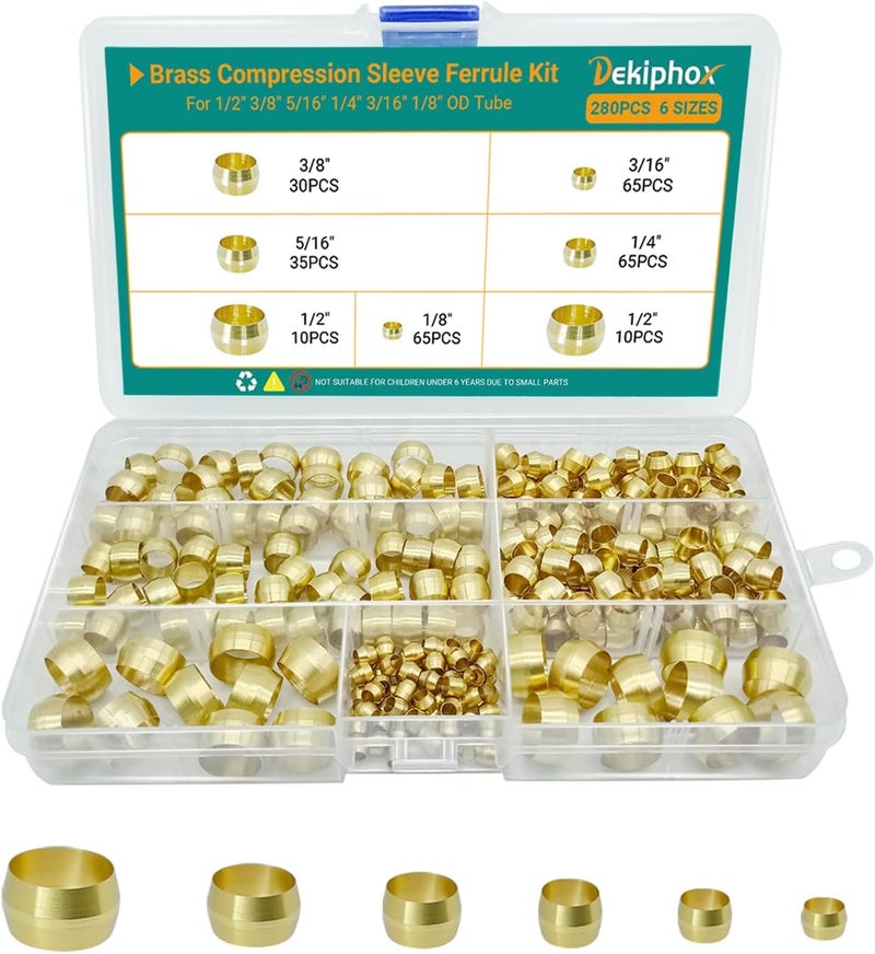 Dekiphox 280PCS Brass Compression Sleeves Ferrules, 6 Sizes 1/2" 3/8" 5/16" 1/4" 3/16" 1/8" Tube OD Hose Compression Fitting Ferrule Kit for Air Water Fuel Oil and Inert Gases Line Repair - Image 1
